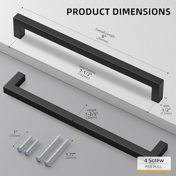 goldenwarm 150 Pack 7-1/2in Black Square Bar Cabinet Pull Drawer Handle - Image 2