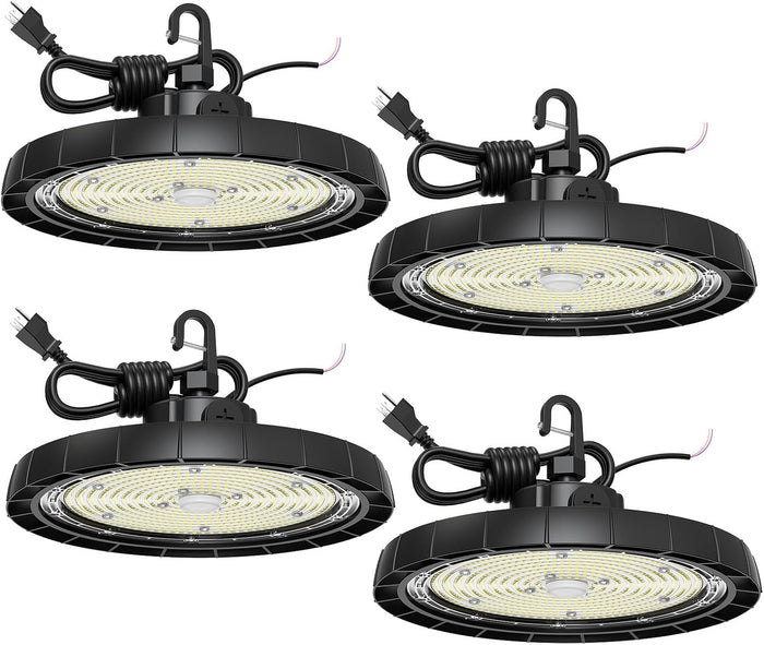 High Bay LED Shop Lights, 200W/150W/100W Adjustable 130LM/W Super Bright 0-10V Dimmable UFO Lights with US Plug, 6500K AC100-277V IP65 Waterproof Commercial Bay Lighting for Warehouse Garage (4 Pack)