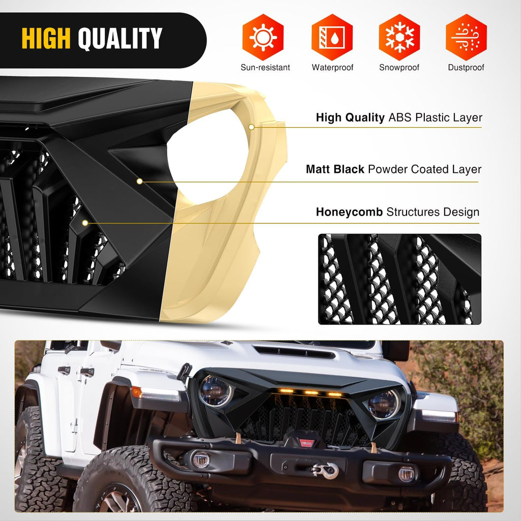 Nilight Front Bumper Grill Cover for 2018 2019 2020 2021 2022 2023 2024 2025 Wrangler JL and Gladiator JT with LED Amber Lights Matte Black