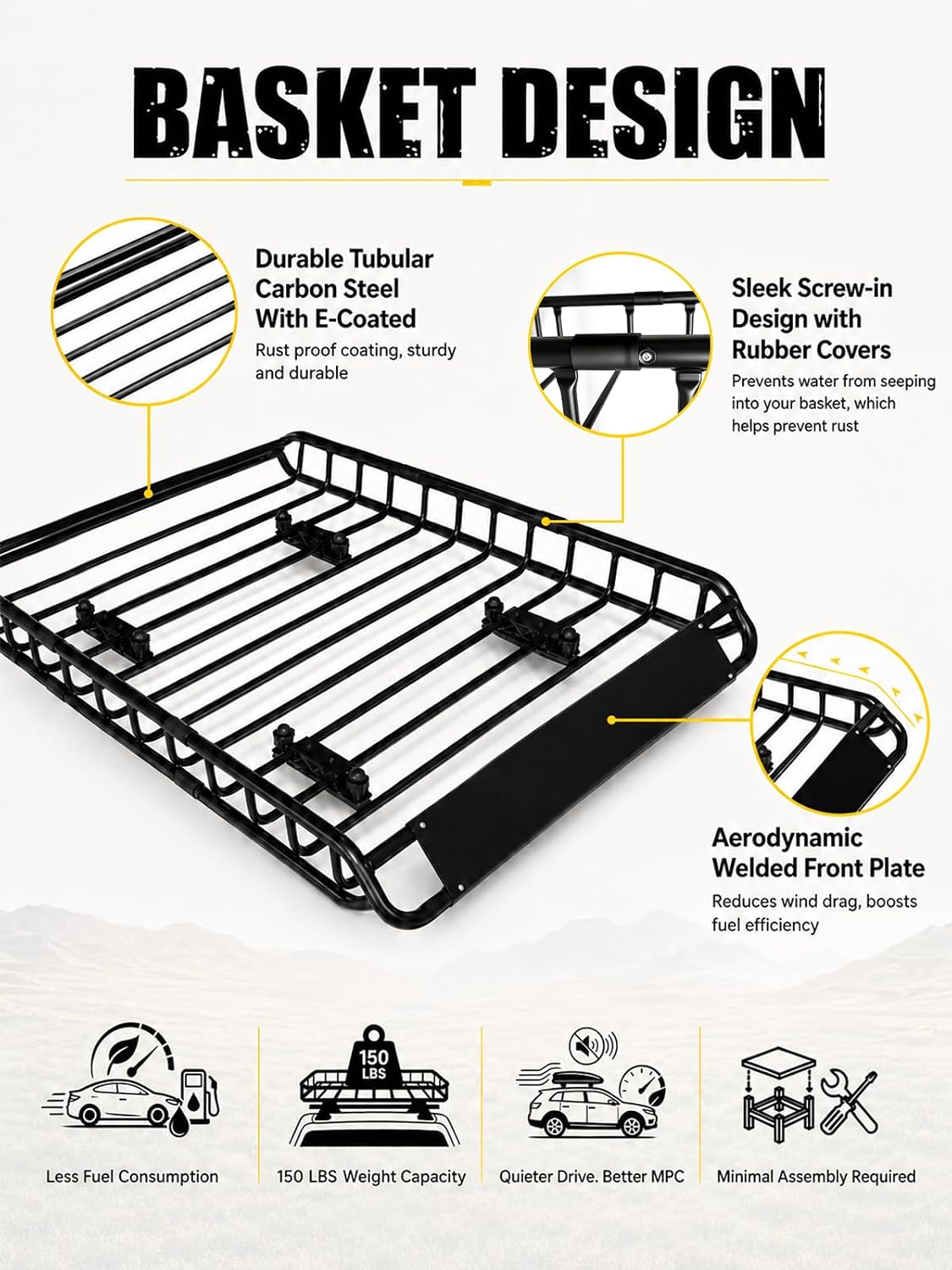 MIKKUPPA Roof Rack Basket with Waterproof Cargo Bag - Rooftop Carrier Combo | 150 Lbs Capacity Roof Rack Basket & 17 Cubic Feet Waterproof Luggage Bag, for SUVs, Trucks, Cars