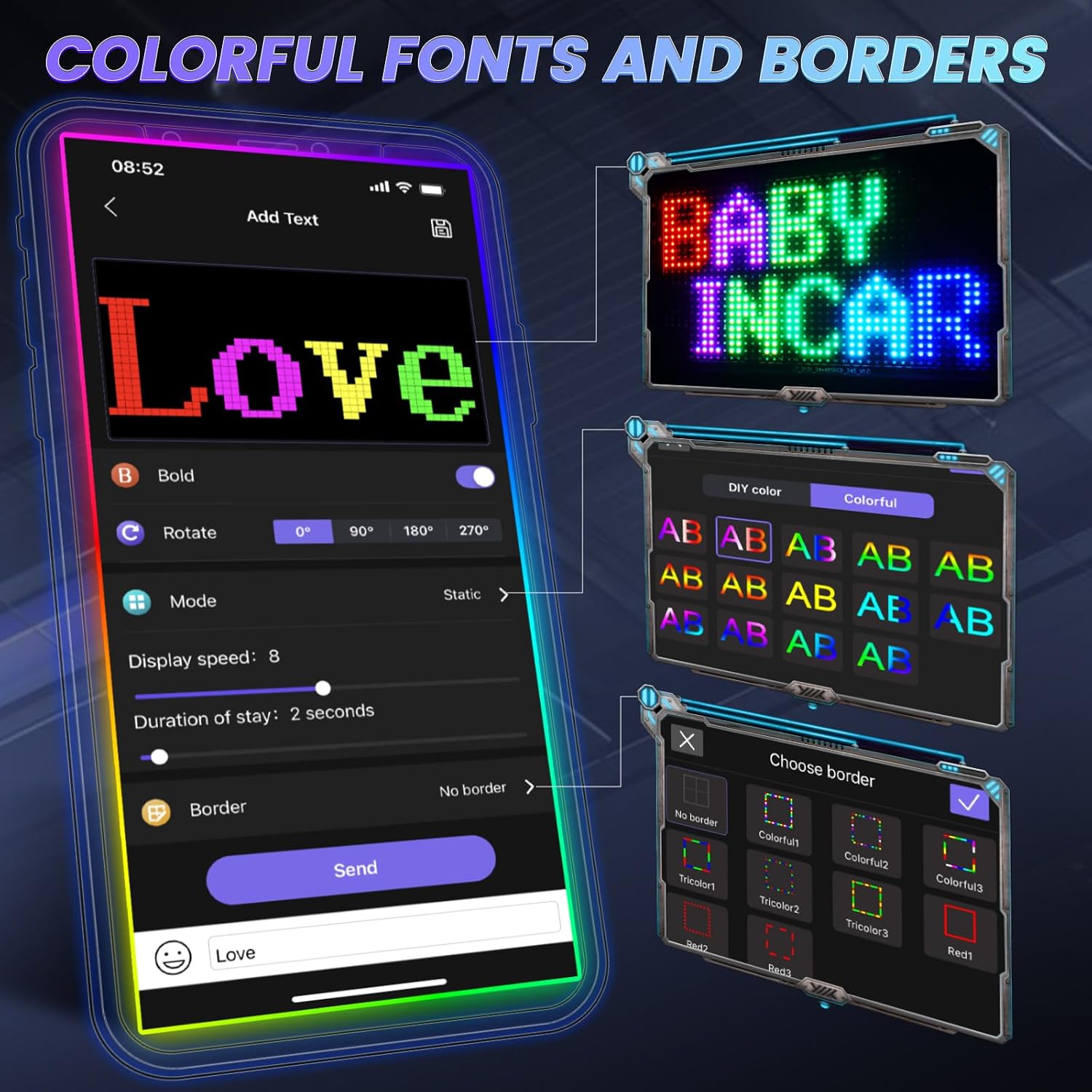 RAYHOME Full Color Dual Row LED Light Sign for Car, 10.6''x4.7'' Scrolling LED Signs Flexible 5V/2A Bluetooth APP Control LED Car Sign Custom Text Message Pattern Programmable LED Display
