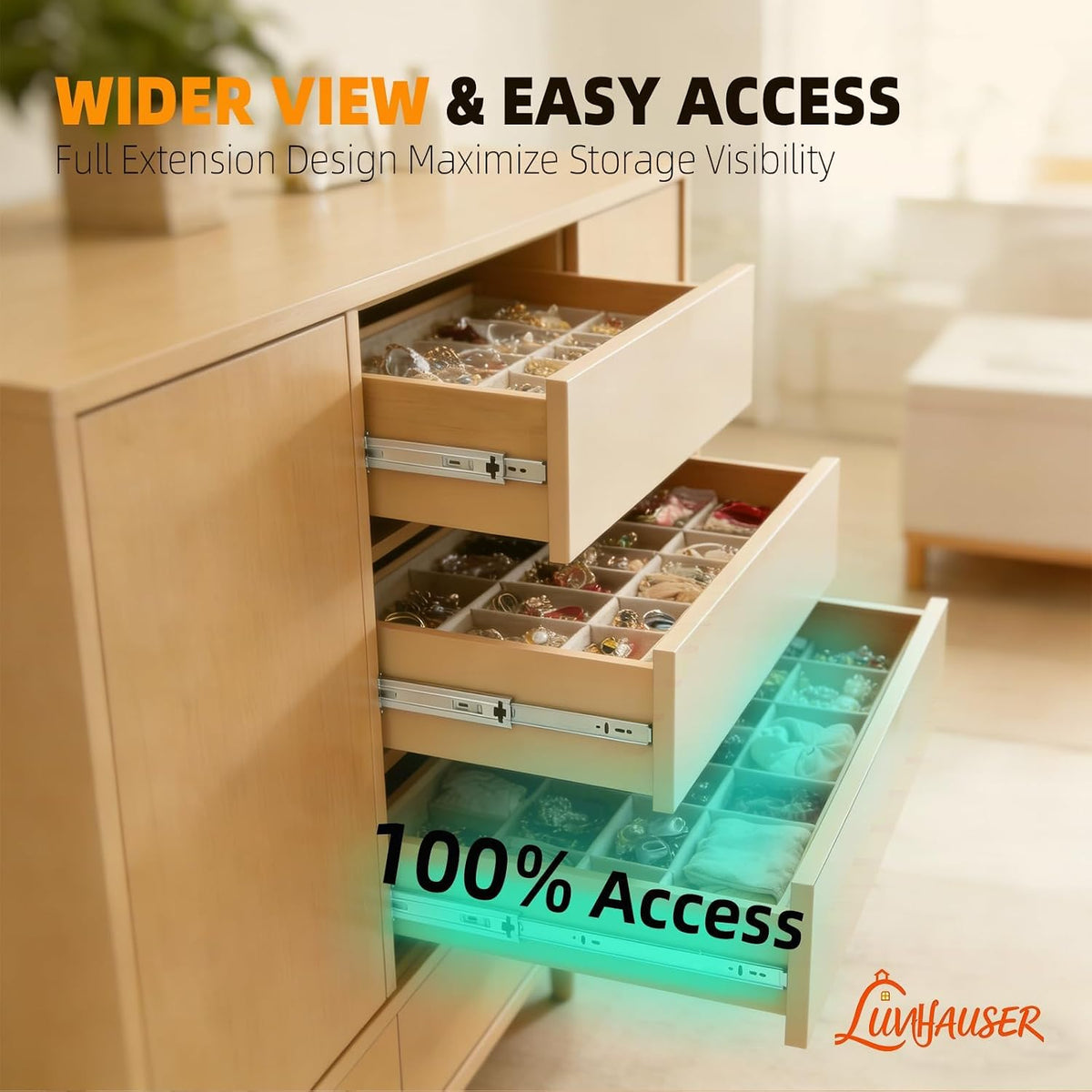 2 pair side‑mount 3‑section full extension soft‑close drawer on a desk or shelf