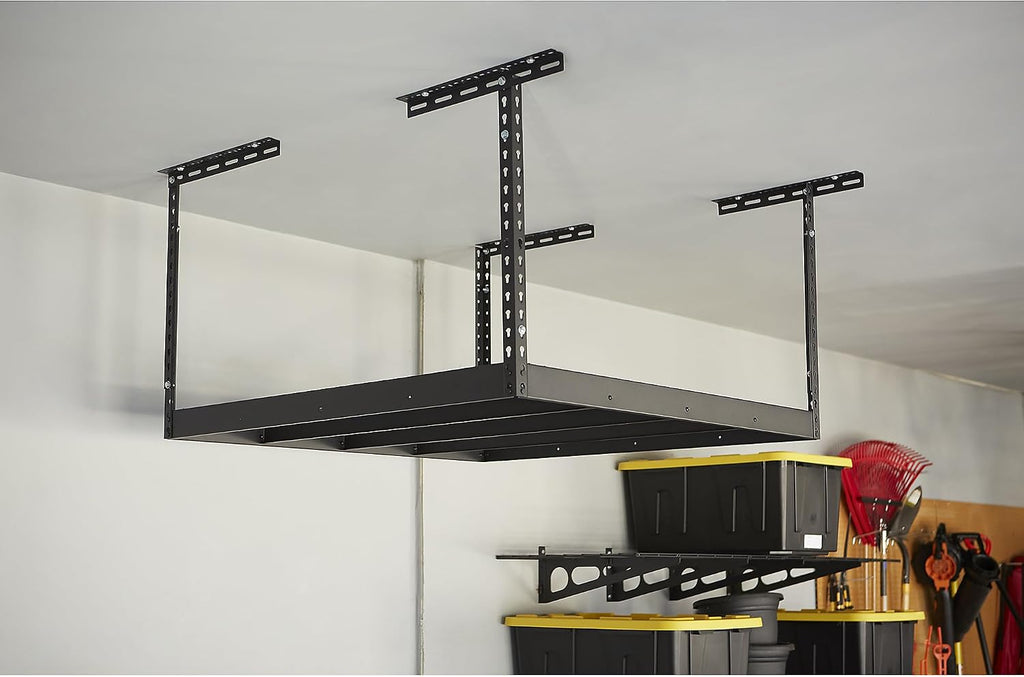 klutch overhead garage storage rack, adjustable height, 350-lb. showing dimensions