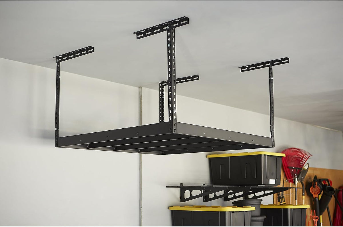 klutch overhead garage storage rack, adjustable height, 350-lb. showing dimensions