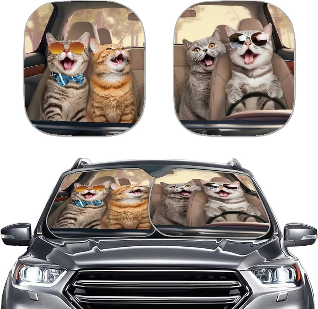 Funny Cat Driver Printed Windshield Sun Shade 2-Piece Foldable Front Window Sunshades Sun Visor Protector Blocks UV Rays Keeps Car Cool