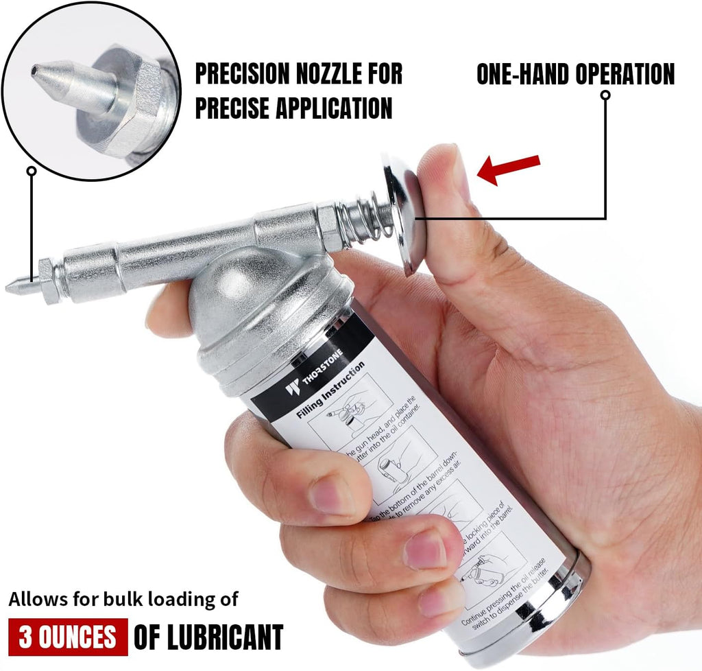 Thorstone Mini Grease Gun, 3oz One Handed Operation Push-Type with Needle Nozzle for Lawn Mower, Air Tool, Bicycle.
