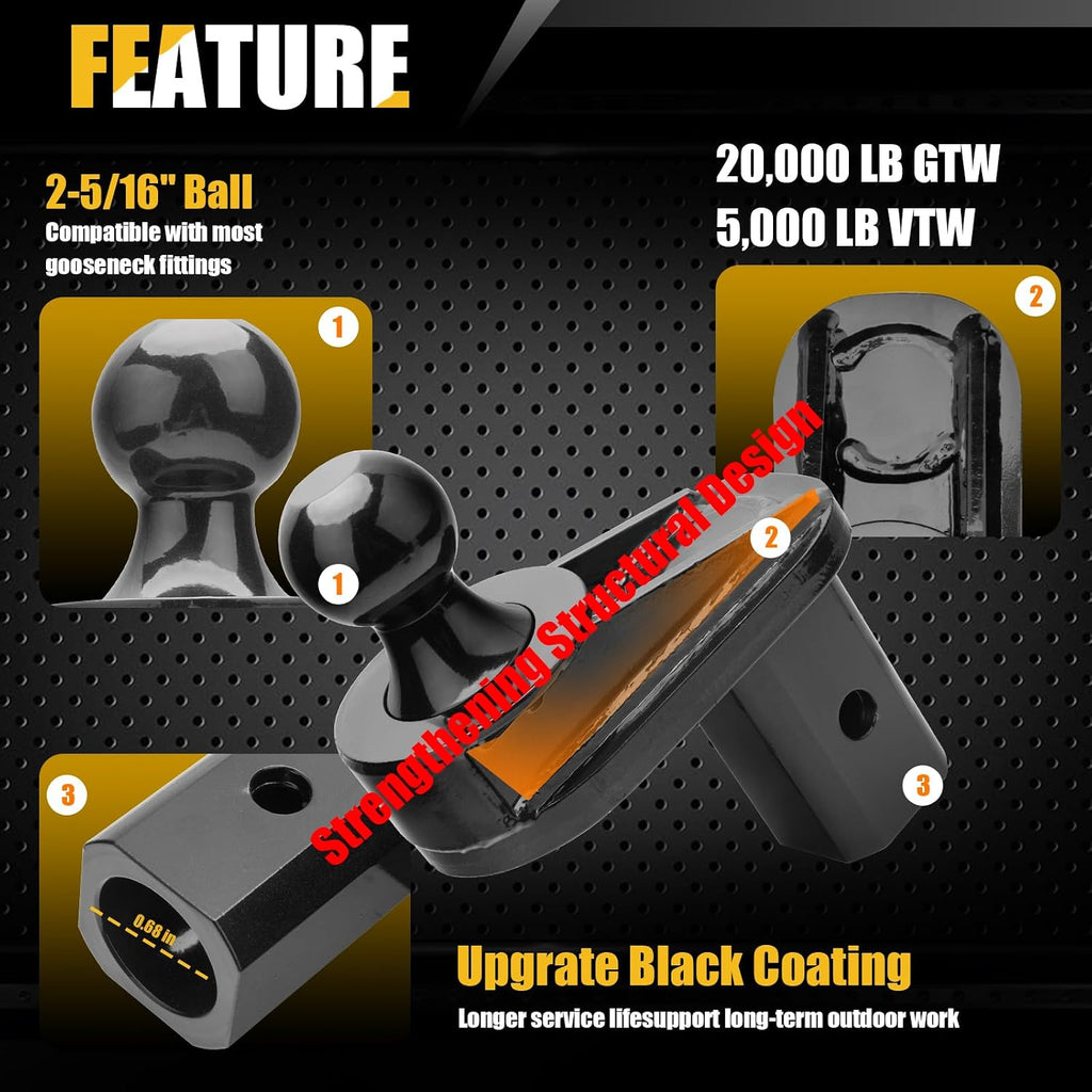 6" Offset Gooseneck Ball Extender, 2-5/16" Hitch Ball, 25,000 lbs GTW / 5,000 lbs VTW, Cab Clearance Solution for Short Bed Trucks, Reinforced Rib Structure, Polyurethane Stabilization System