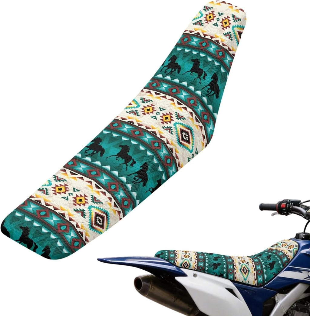 Pensura Aztec Horse Western Seat Cover for Dirt Bike Non-Slip Gripper Seat Protection PU Leather Weather Resistant Motocross Enduro Cushion Covers for Off-Road Trail Riding