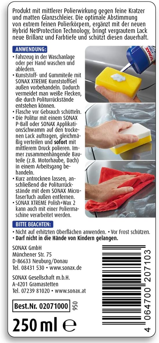 SONAX XTREME Polish+Wax 2 Hybrid NPT (250 ml) | Gentle polish with medium polishing effect for new, lightly used and regularly maintained paintwork.