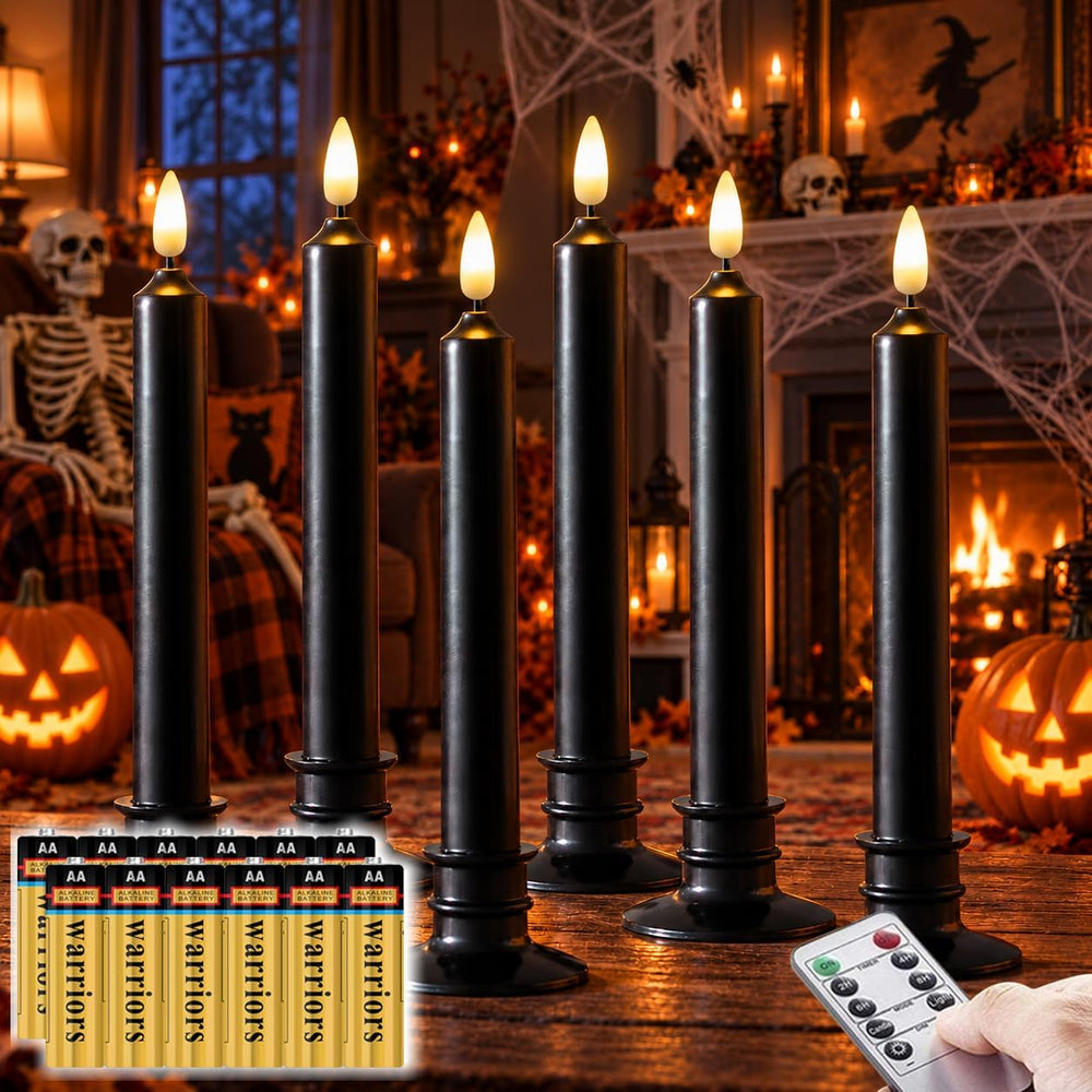 6 Pcs Halloween Black Flameless Taper Paraffin Wax Candles, Remote & Timer
