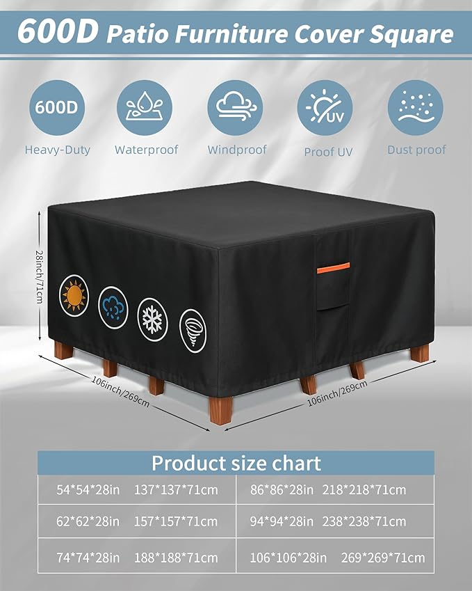 Outdoor Waterproof Furniture Cover, 106W x 106L x 28H inches Heavy Duty 600D - Image 3