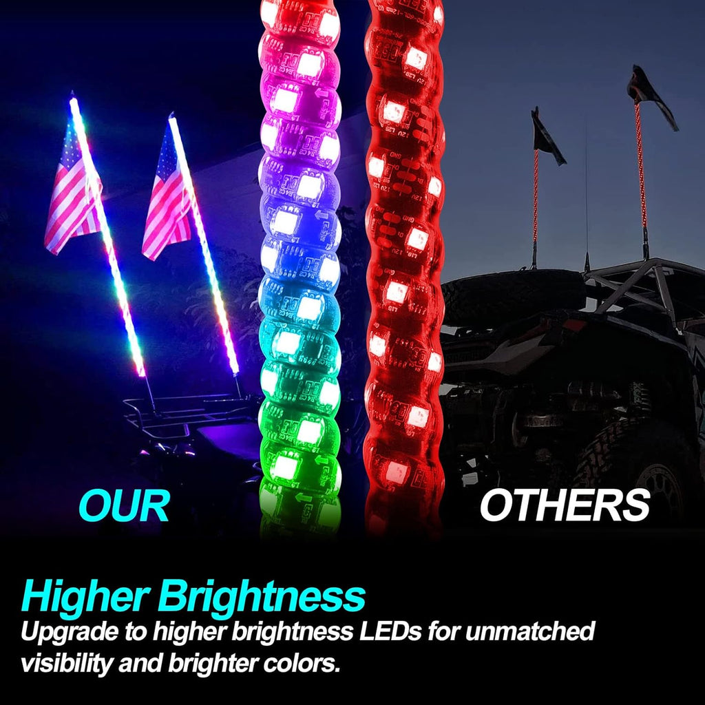 1PCS 3FT LED Whip Lights, Remote & App Control 600 Colors w/Waterproof Spiral Chase Illuminated Antenna Whip for UTV ATV, Polaris RZR, Offroad Vehicles, Trucks, Beach Dune Quad Wheeler Accessories