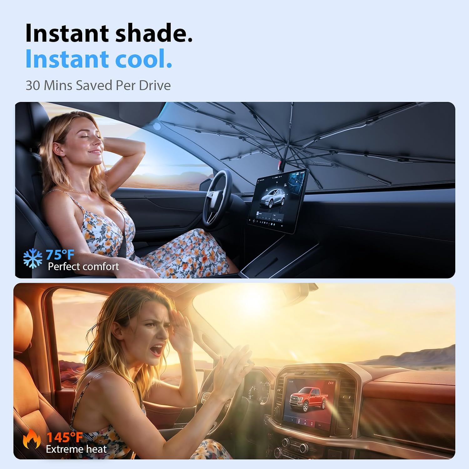 2026 Upgraded Windshield Sun Shade Umbrella for Tesla Model Y [Precision Custom Fit, Superior UV & Heat Block] Cooling Tech Fabric, Durable Foldable with Storage Bag, Fits 2020-2026 Juniper