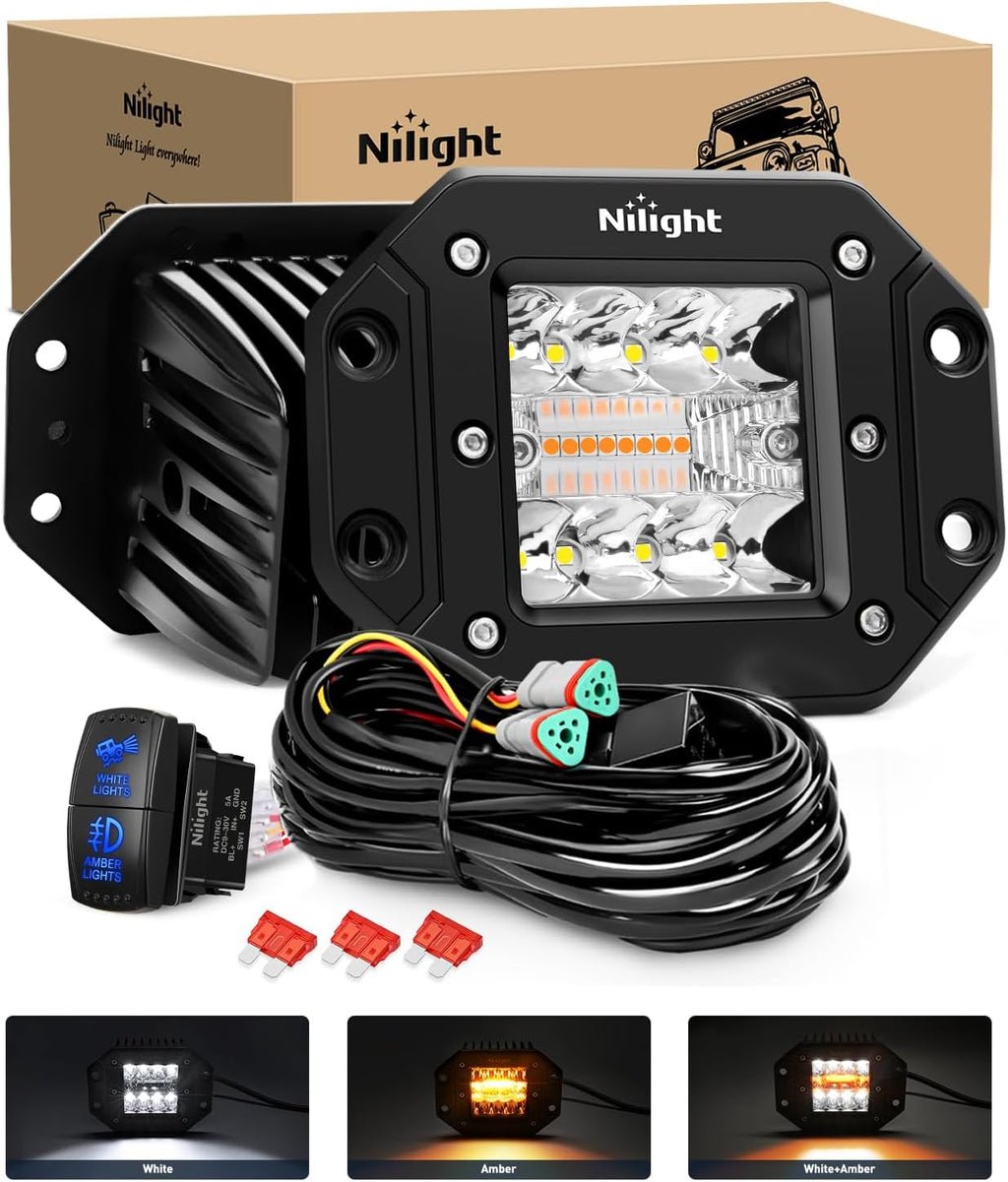 Nilight Flush Mount LED Light Pods 2PCS 42W Amber White 3 Lighting Modes Fog Lights Spot Flood Combo Beam with Dual Control 18AWG Wiring Harness for Truck Pickup Golf Cart UTV ATV SUV Boat 4x4 Car