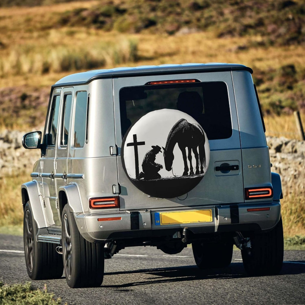 Cowboy Horse Cross Praying Spare Tire Cover for RV Camper SUV Truck, Waterproof Polyester Tire Wheel Cover, Universal Fit Outdoor Spare Wheel Protector with 15in