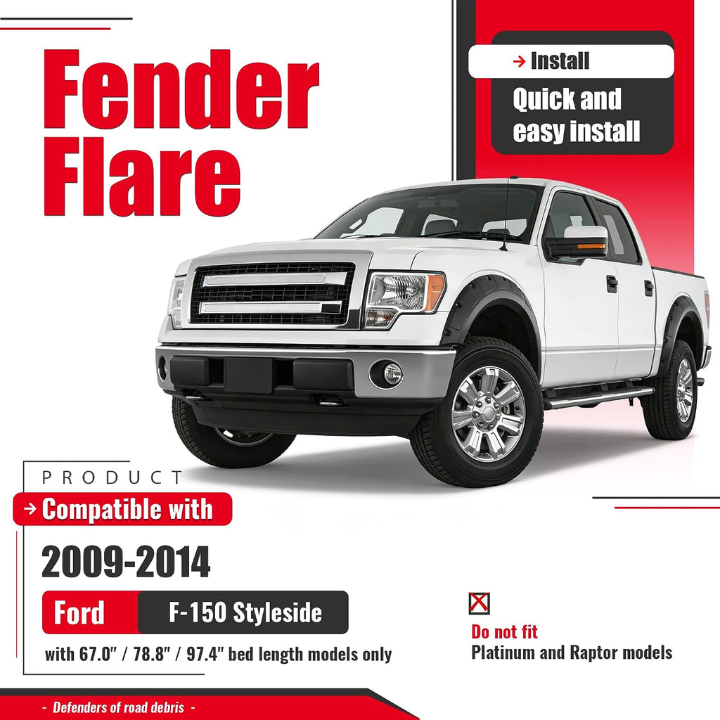 Fender Flares Compatible with 2009-2014 Ford F-150 | Styleside Bed 67.0"/78.8"/97.4", Excludes Platinum & Raptor Models, Pocket Rivet Style, Textured Black, 4PCS