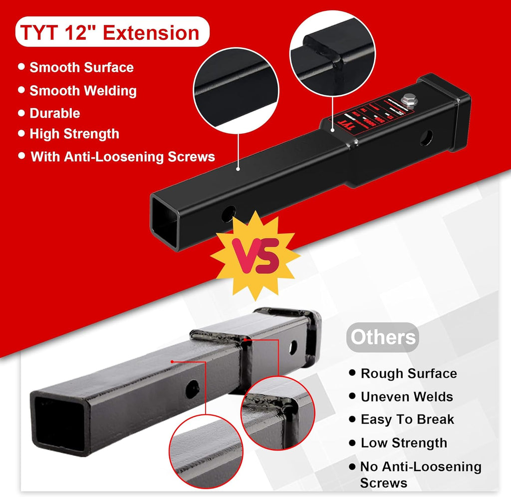 TYT 12" Trailer Hitch Extension for 2 inch Receiver Tube Extender，Includes 2 Sets of 5/8" Premium Hitch Pin, 5000 lbs GTW / 500 lbs TW