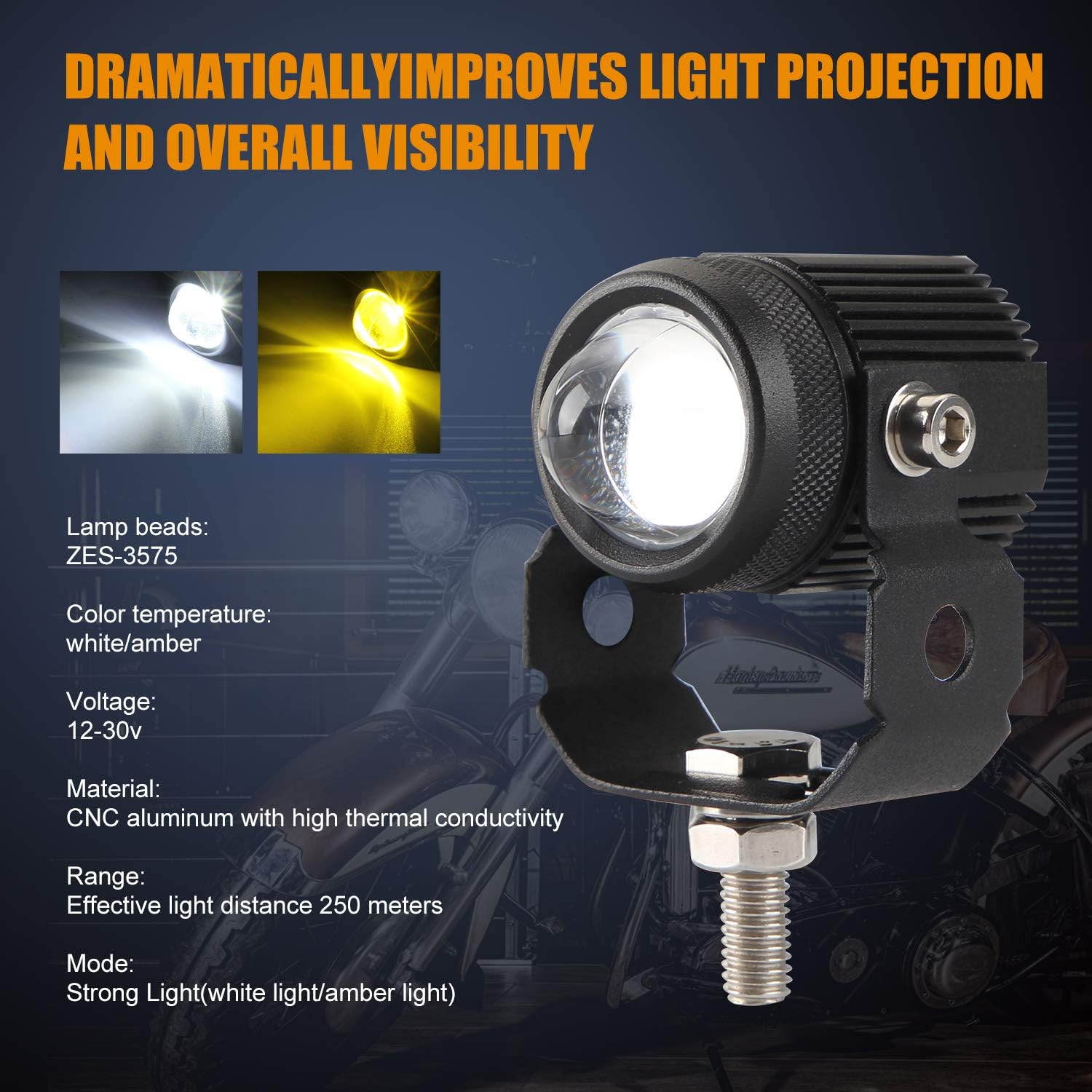 GES Motorcycle LED Fog Lights, 2 Pack LED Driving Lights Motorcycle Fog Lights High Low Beam White Yellow Headlights Fog Lamps Electric Work Driving Headlamp Spot Lamps for for Bike