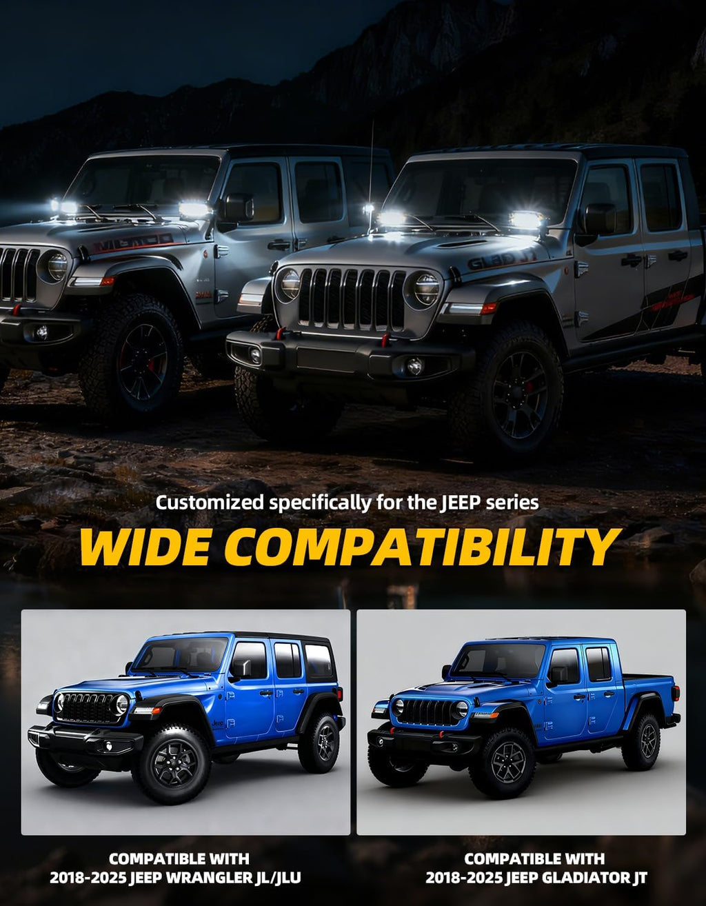 Hood Mount Light Brackets Ditch Light Mounting Brackets for JL A-Pillar Off-Road Car LED Pod Work Lights, Wrangler JL JLU 4xe Gladiator JT 2018-2025 Accessories(2-PCS, Silver)