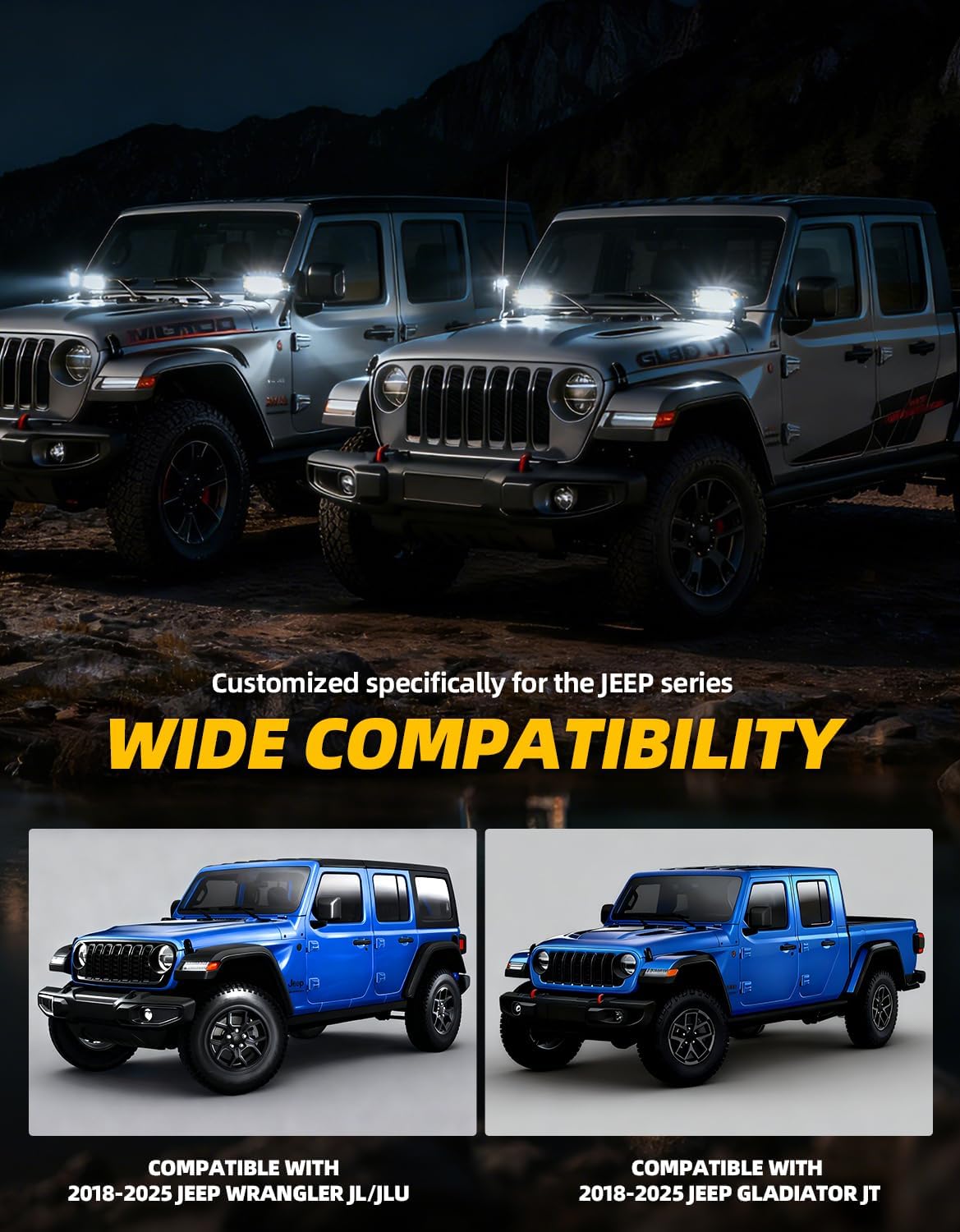Hood Mount Light Brackets Ditch Light Mounting Brackets for JL A-Pillar Off-Road Car LED Pod Work Lights, Wrangler JL JLU 4xe Gladiator JT 2018-2025 Accessories(2-PCS, Silver)