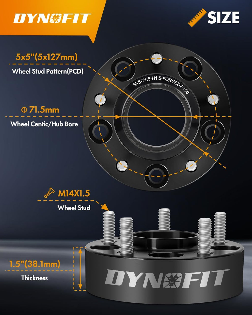 dynofit 1.5" Wheel Spacers for Je/ep JL JT WK WL, 5x5(5x127) HubCentric 71.5mm Thread M14x1.5 for 2018-2026 Wrangle, 2011-2026 Grand Cherokee, 2019-2026 Gladiator, 4 Pcs Forged Aluminum Spacers