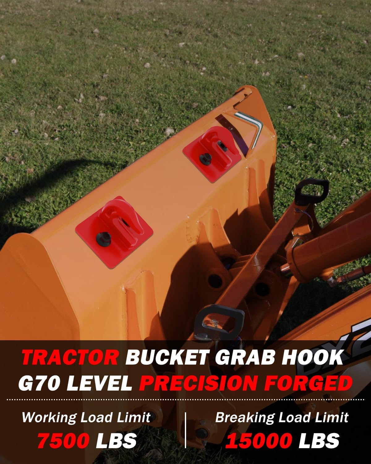 4 Pack 3/8" Tractor Bucket Grab Hooks, Grade 70 Forged Steel Bolt On Grab Hook with Backer Plate, Heavy Duty Tow Hook for Tractor Bucket, Loader, Truck, UTV, RV, 15,000 lbs, Red