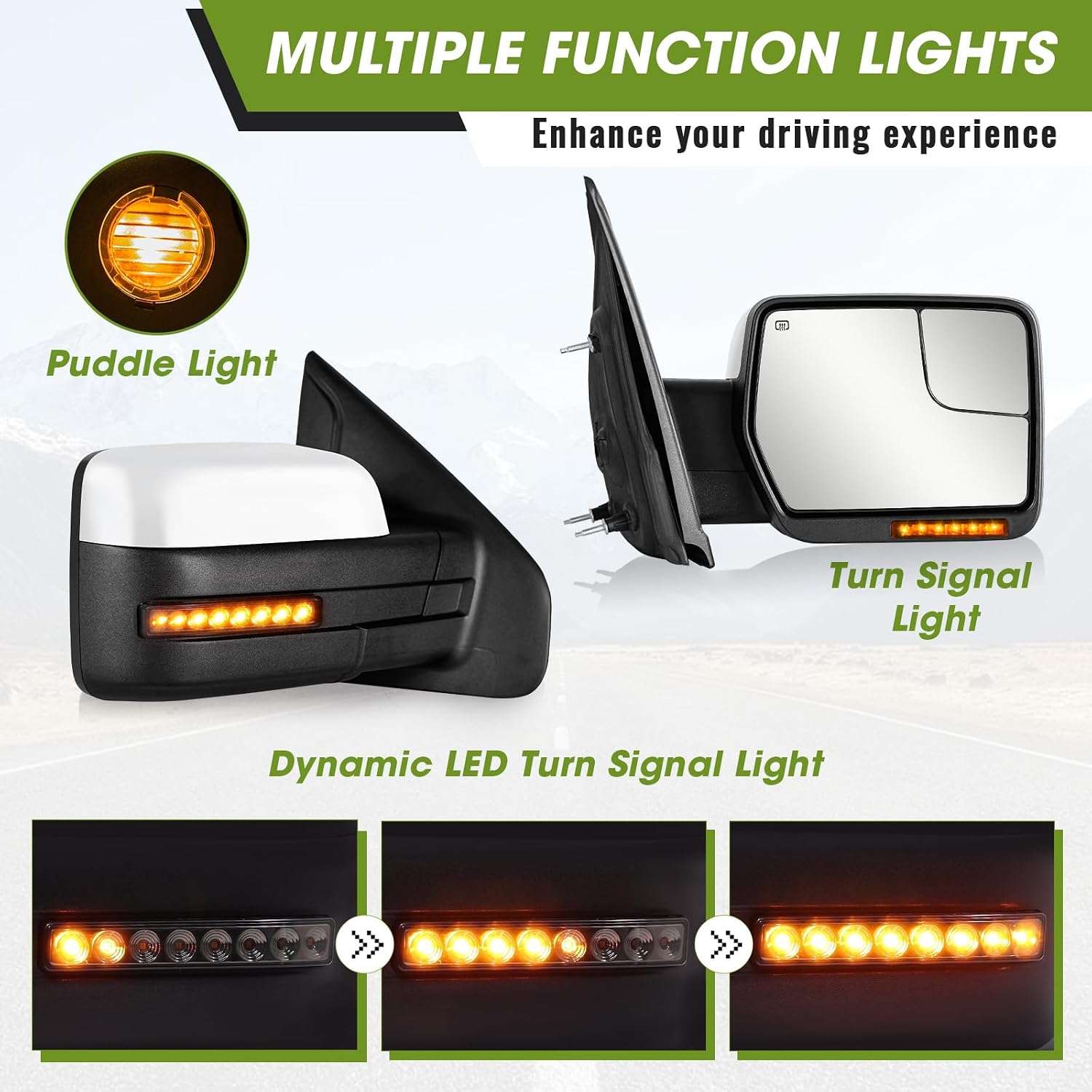 Side Mirrors for 2004-2014 Ford F-150 with Dynamic Turn Signal Puddle Light Heated Power Glass Manual Folding Tow Mirrors- Pair(Painted White)