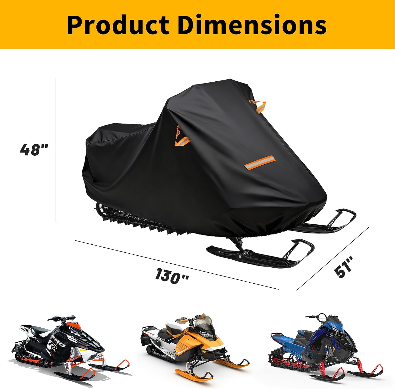 Snowmobile Cover, 420D Durable Oxford Fabric Waterproof sled ski Cover with Reflective Handles, Elastic Bottom (Black L Fits Length 130" x 51" x 48")