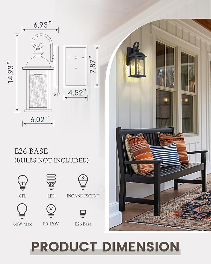 FEMILA Outdoor Wall Light Fixture, 1-Light Exterior Waterproof Wall Sconce - Image 4