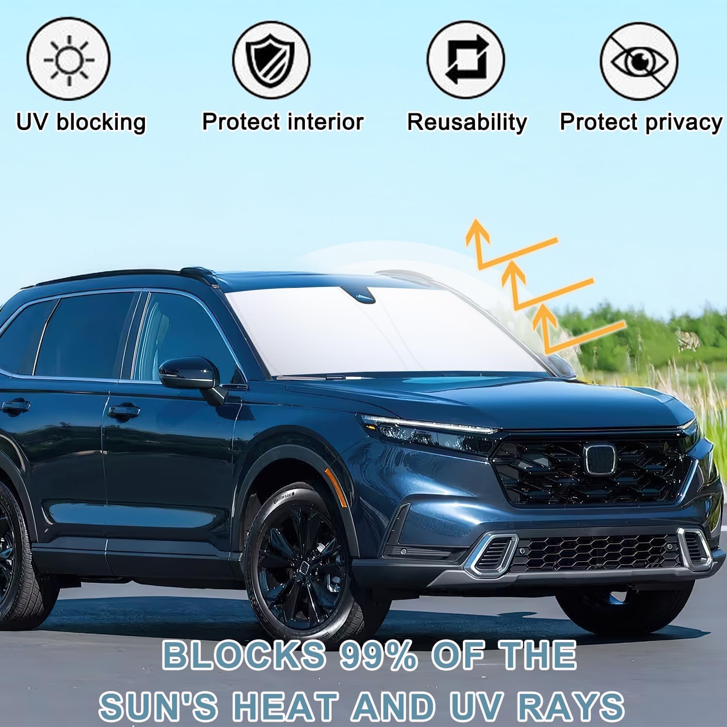 PIMCAR Windshield Sun Shade for Honda CRV 2023-2025 2026, Premium 310T Reflective Polyester UV Blocker, Lightweight Foldable Sun Visor with Storage Pouch