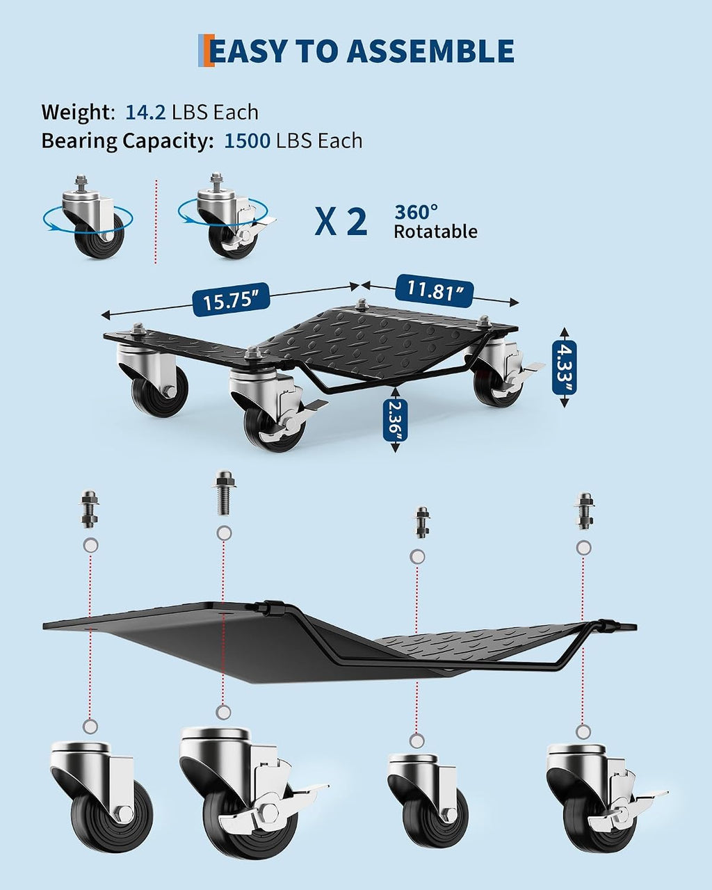 Heavy Duty Car Wheel Dolly Set – 6000 lbs Total, 360° Lockable Casters, Ideal for Moving Cars, Trucks, Trailers, Motorcycles, Boats – 4-Pack Black | 4-piece Pack