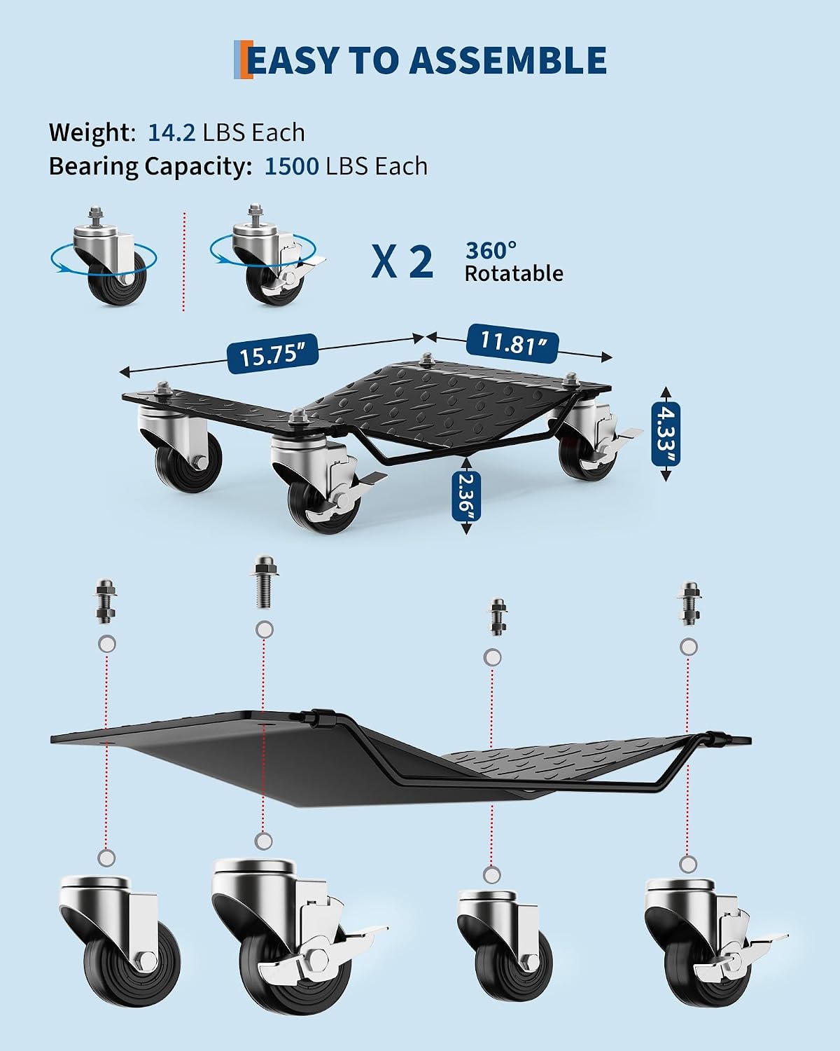 Heavy Duty Car Wheel Dolly Set – 6000 lbs Total, 360° Lockable Casters, Ideal for Moving Cars, Trucks, Trailers, Motorcycles, Boats – 4-Pack Black | 4-piece Pack