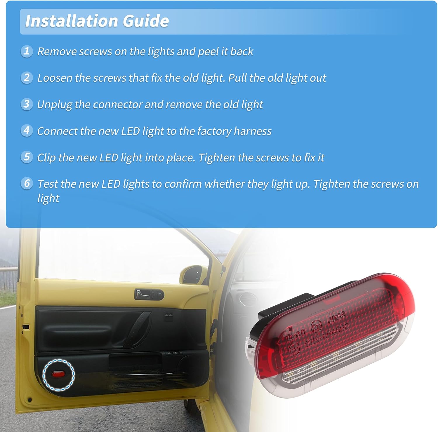 1 Pair LED Courtesy Door Light for for VW Beetle 1998-2005 for VW Beetle Cabriolet 2003-2005 White & Red Courtesy Projector Under Door Warming Lamps