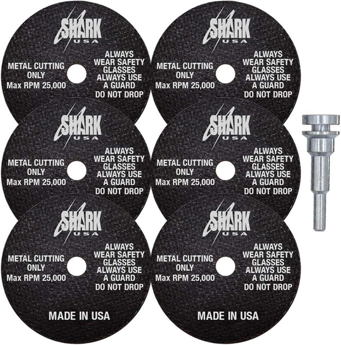 Shark Industries PN-26-6M Die Grinder Cut-Off Wheel and Mandrel Kit Including 12431 Mandrel and 3-Inch x 1/32" x 3/8” Shark Type-1 Double-Reinforced Thin Wheels, 54 Grit, Maximum RPM 25,000 (6 Cutting Discs and 1 Mandrel)