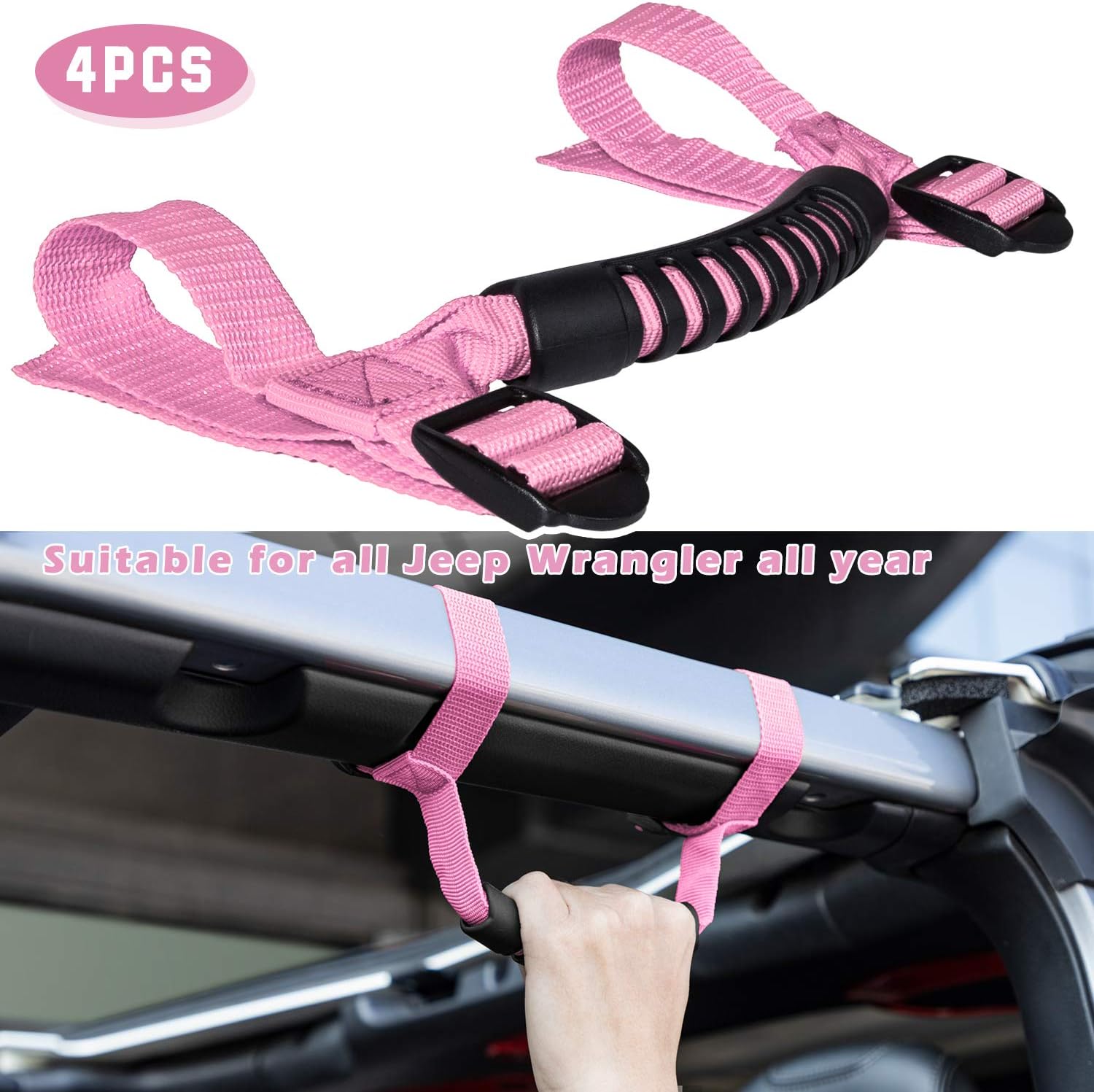 Danti 4 x Roll Bar Grab Handles Grip Handle for Jeep Wrangler YJ TJ JK JKU JL JLU Sports Sahara Freedom Rubicon X & Unlimited 1955-2024 2025(Pink)