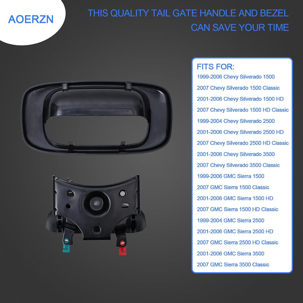 Premium Tailgate Handle Latch and Bezel Trim with Rod Clips, Fits for 1999-2007 Chevy Silverado GMC Sierra 1500 2500 3500, Replaces# 15997911, 15228539, 15228540, 15228541