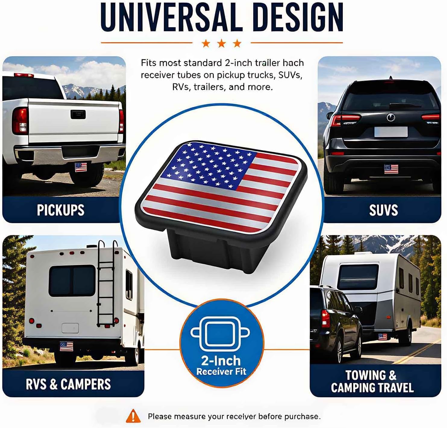 Trailer Hitch Covers American Flag Red, Heavy Duty 2 Inch Hitch Cover for Weather Protection, Rubber and Metal Hitch Receiver Cover Plug Cap for Trucks SUVs and Off-Road Vehicles