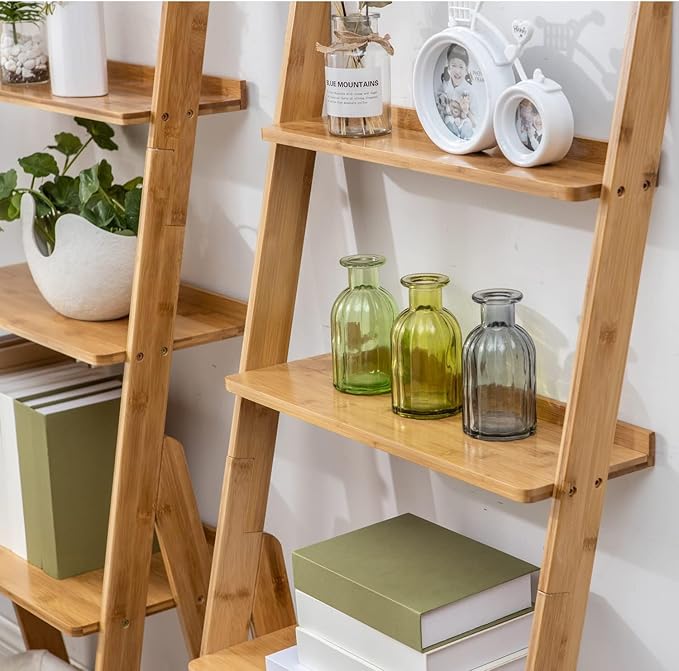Maydear Bamboo Ladder Shelf Bookcase, 5-Tier Leaning Bookshelf Free Standing