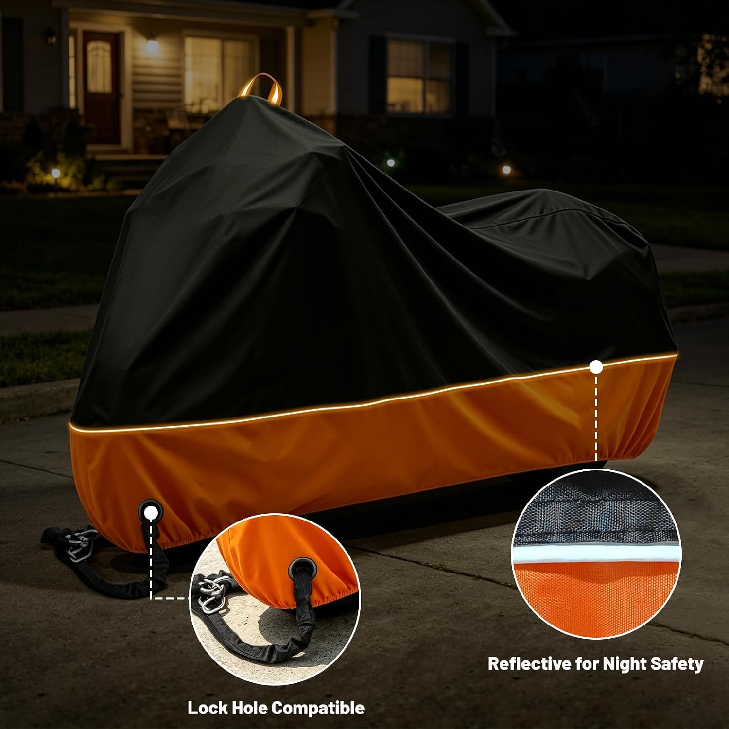 Motorcycle Cover All Season Waterproof Sun Outdoor Protection, Fits up to 96.5" Motorcycle Powersports Vehicle Covers, Black and Orange (Lockholes & Storage Bag)