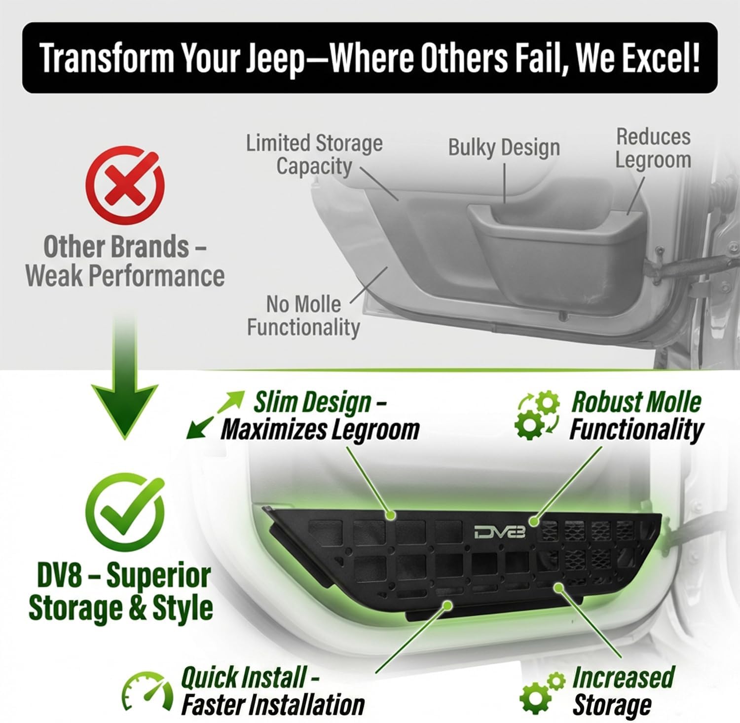 DV8 Offroad Slim Jeep Front Door Storage Pockets Compatible with 2018-2026 Jeep Wrangler JL & 2020-2026 Gladiator JT - Molle Jeep Door Pockets & Net Replacement, Slimmer Design for Improved Legroom