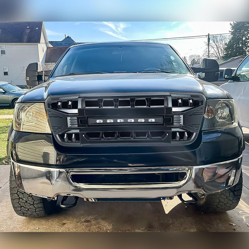 MEGAIE Front Grill Replacement for F150 2004-2008, Glossy Black Bumper Grille w/Off-Road Lights