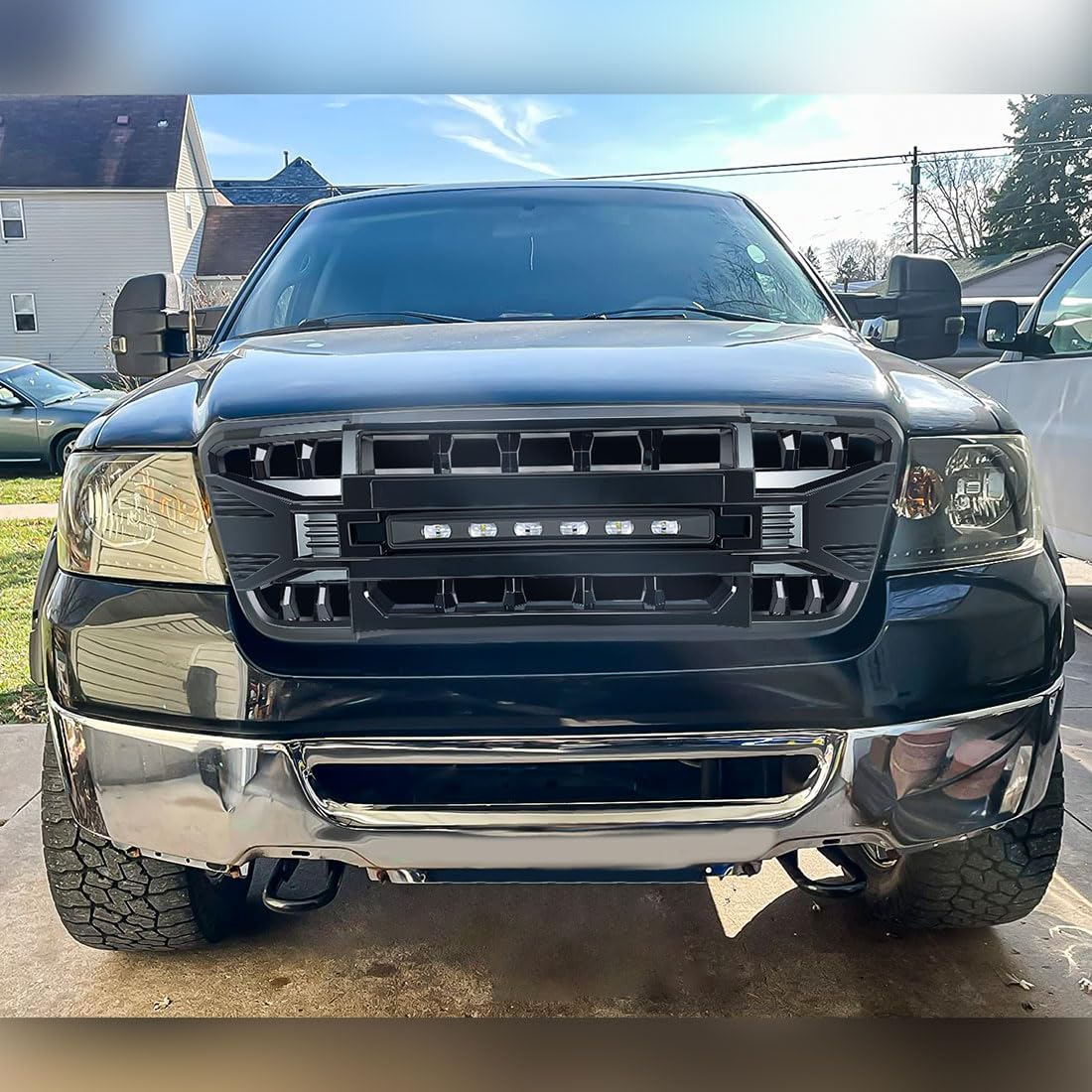 MEGAIE Front Grill Replacement for F150 2004-2008, Glossy Black Bumper Grille w/Off-Road Lights
