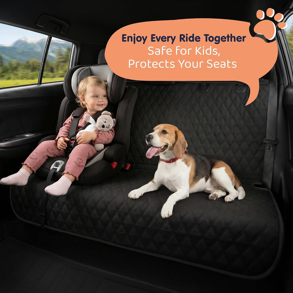 bench back seat cover for dogs, rear dog showing dimensions