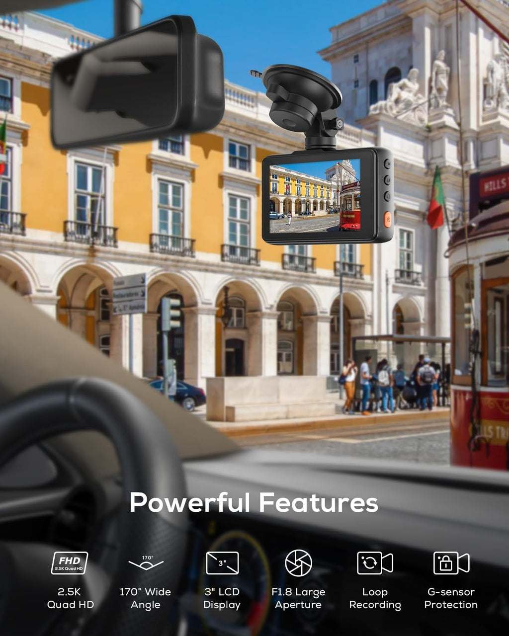 izeeker 2.5k dash cam front, 1440p qhd car shown in use