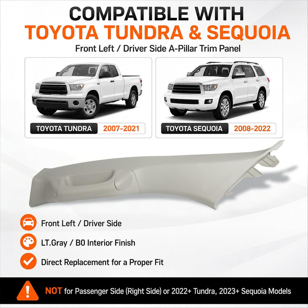 Driver Side A-Pillar Grab Handle Kit Compatible with Toyota Tundra 2007-2021 & Sequoia 2008-2022, Front Left Pillar Garnish Trim Panel, Replaces 62220-0C050-B0 74610-0C082-B0, Light Gray