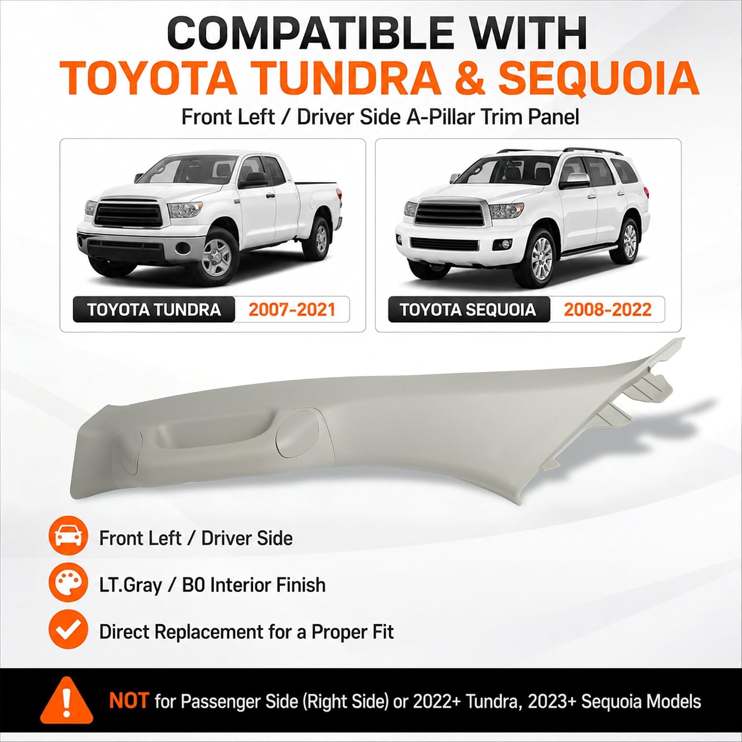 Driver Side A-Pillar Grab Handle Kit Compatible with Toyota Tundra 2007-2021 & Sequoia 2008-2022, Front Left Pillar Garnish Trim Panel, Replaces 62220-0C050-B0 74610-0C082-B0, Light Gray