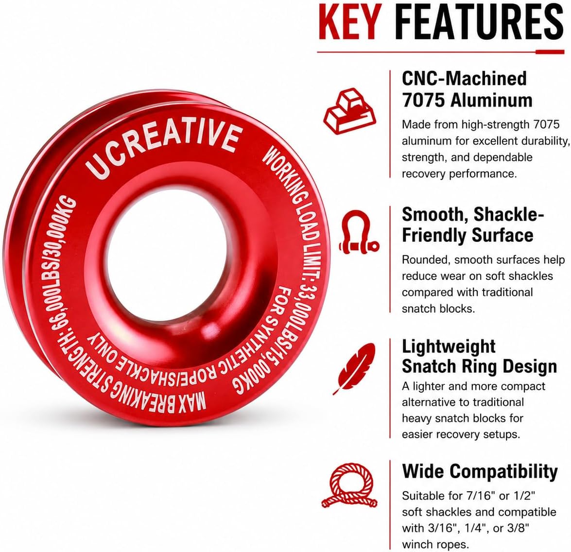 Ucreative Winch Snatch Recovery Ring 66,000 lbs for Soft Shackle and Synthetic Rope for ATV UTV SUV Truck Off-Road Vehicle Recovery Red