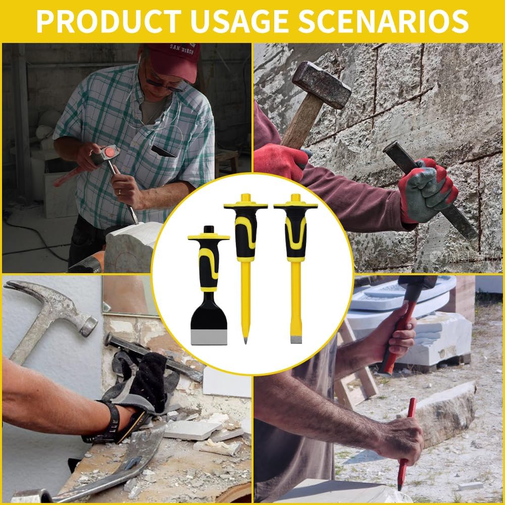 3-piece heavy-duty chisel set with hand protection, concrete, front angle view