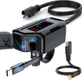 Motorcycle USB Charger, 3-in-1 Fast Charging with USB-A & USB-C + Retractable Type-C Cable, 12–24V Waterproof IP56, LED Voltmeter, Handlebar & Mirror Mount for Motorbike ATV