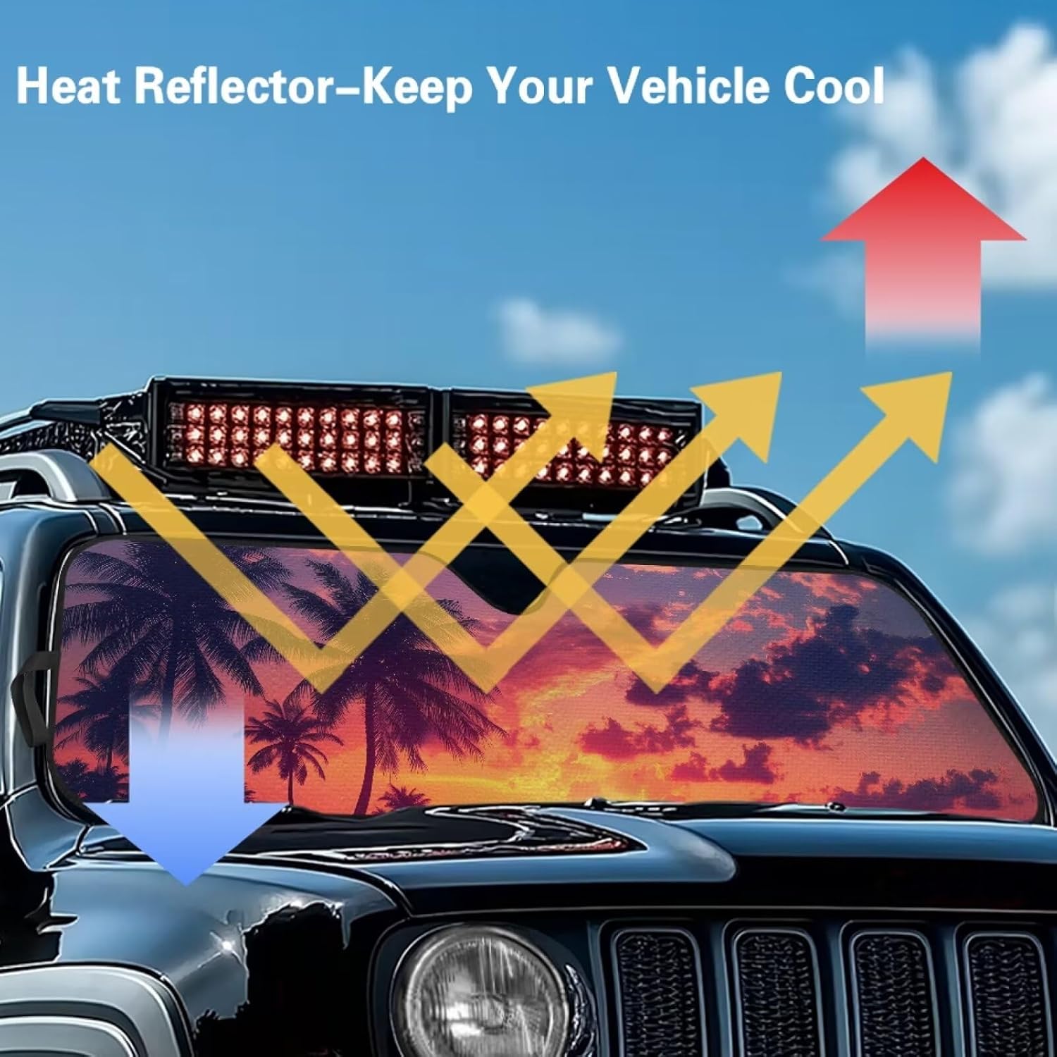 Palm Tree Windshield Sun Shade for Jeep Wrangler JL JLU & Gladiator, Front Window Sun Visor Blocks UV Rays Foldable Sunshade